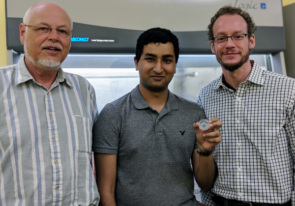 (Left to right) Adam Hitchcock, Adree Khondker and Maikel Rheinstädter, with one of their research samples