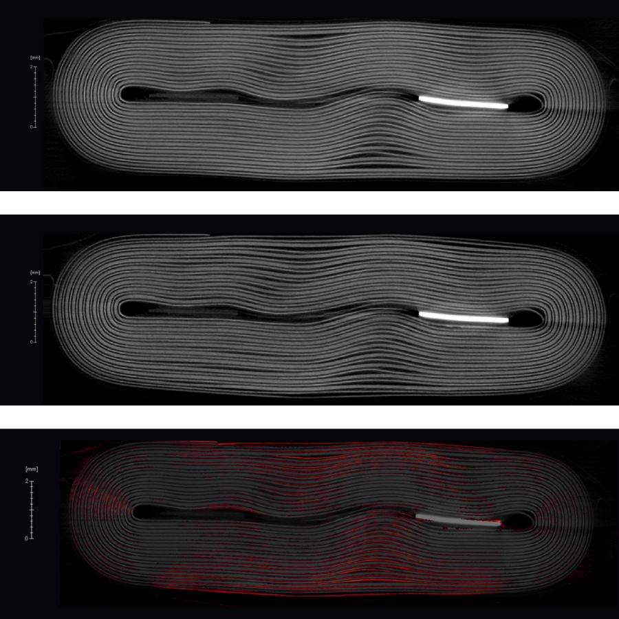 A battery pouch cell (top) before and after (middle) pillowing. In the third image (bottom), the differences between the two states are highlighted in red, where it is clear that most of the change occurs in the flat portion of the battery jellyroll, and is most intense where there were already defects in the battery’s shape.