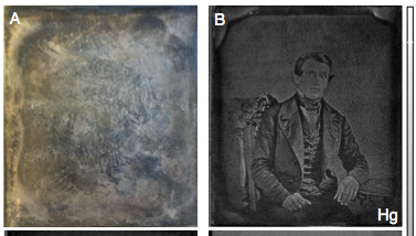 A daguerreotype plate with the photograph hidden by the tarnish (left) yet visible when imaged with synchrotron X-rays (right). Courtesy of Madalena Kozachuk.