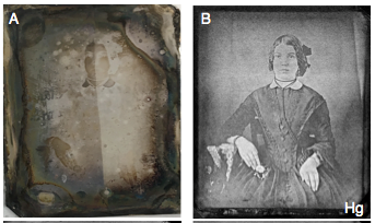 A daguerreotype plate with the photograph hidden by the tarnish (left) yet visible when imaged with synchrotron X-rays (right). Courtesy of Madalena Kozachuk.