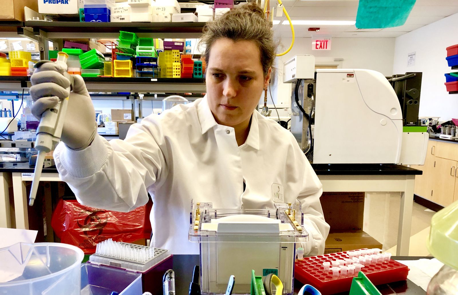 Emilie Giaime, Senior Scientist at Navitor Pharmaceuticals, at work in the lab.