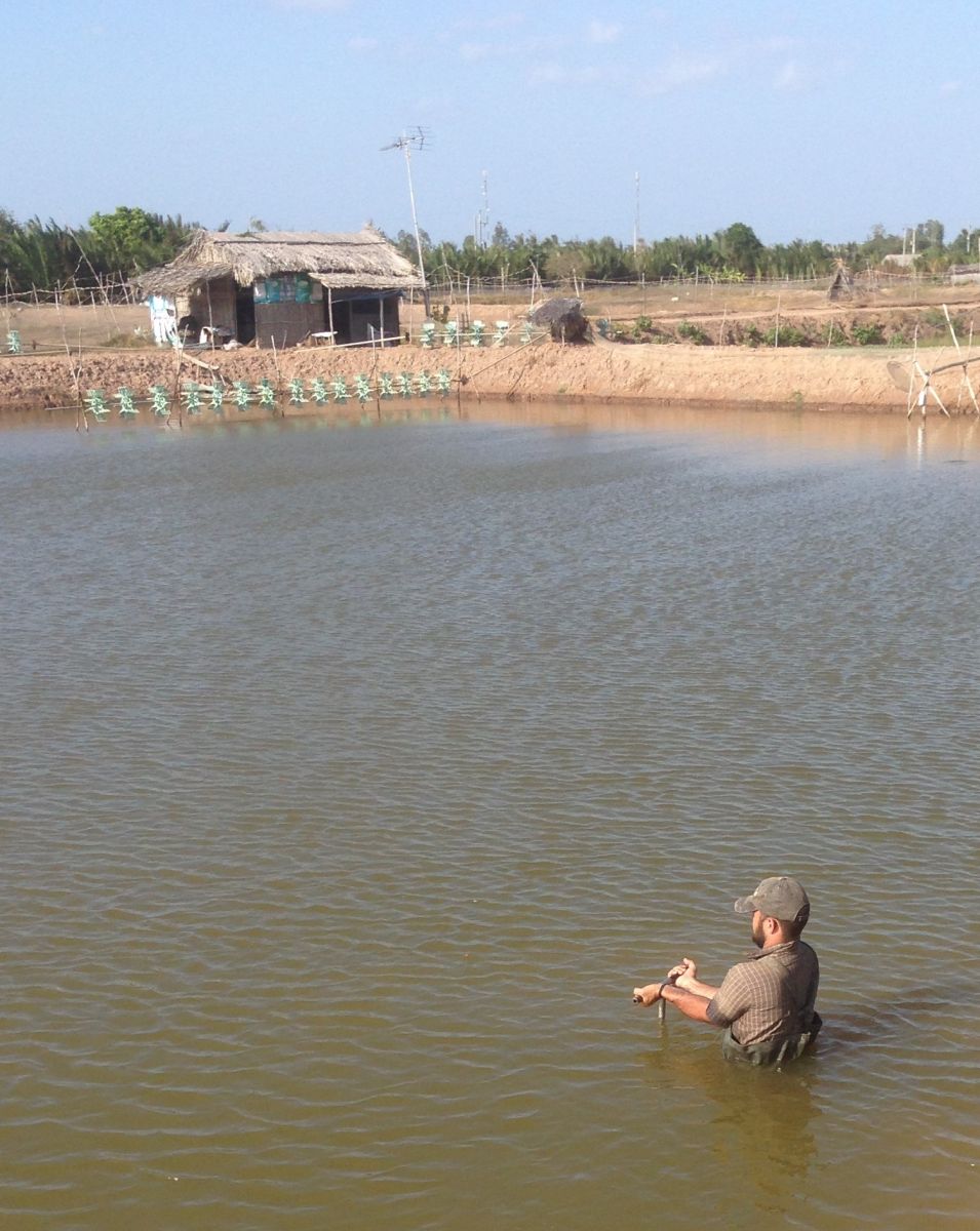 Jens Kruse collecting samples in a shrimp pond.