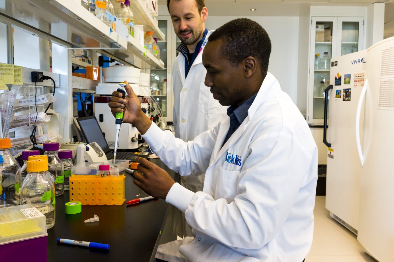 Jean Philippe Julien (left) and his collaborator, Laboratory Research Project Coordinator Anthony Semesi (right), performing lab work at SickKids.