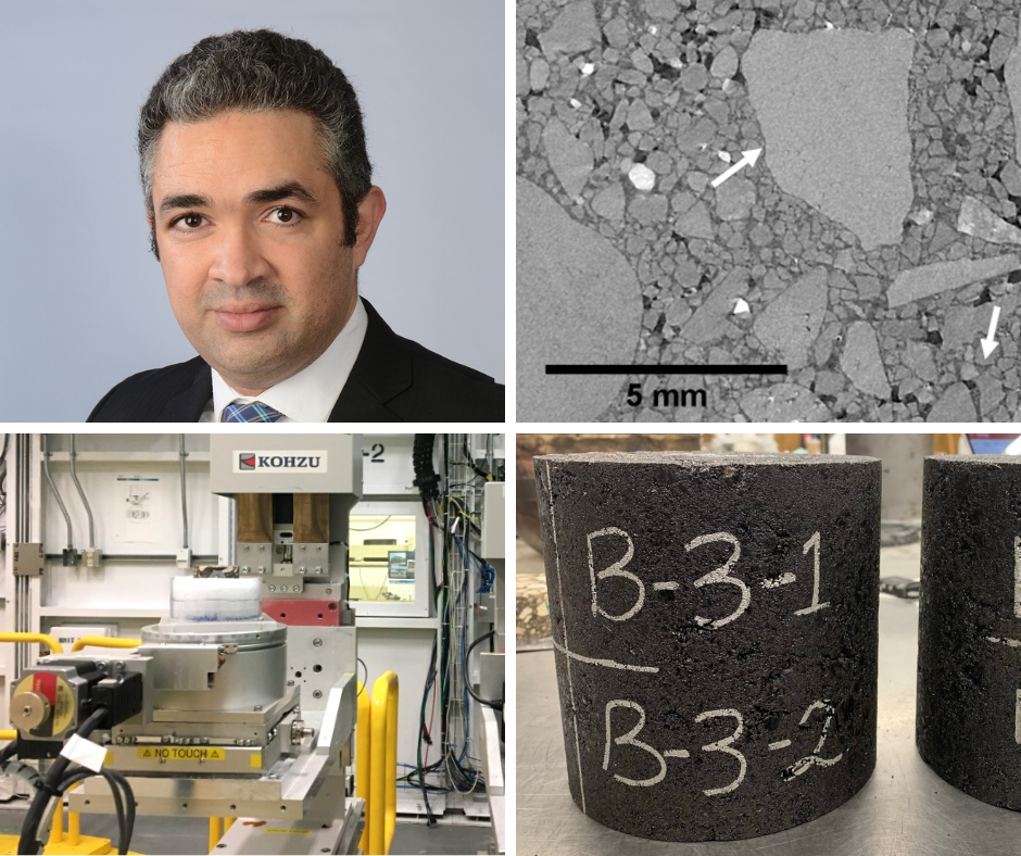 L-R, T-B: Haithem Soliman, image of asphalt taken at CLS, scanning asphalt on the BMIT beamline, asphalt samples.